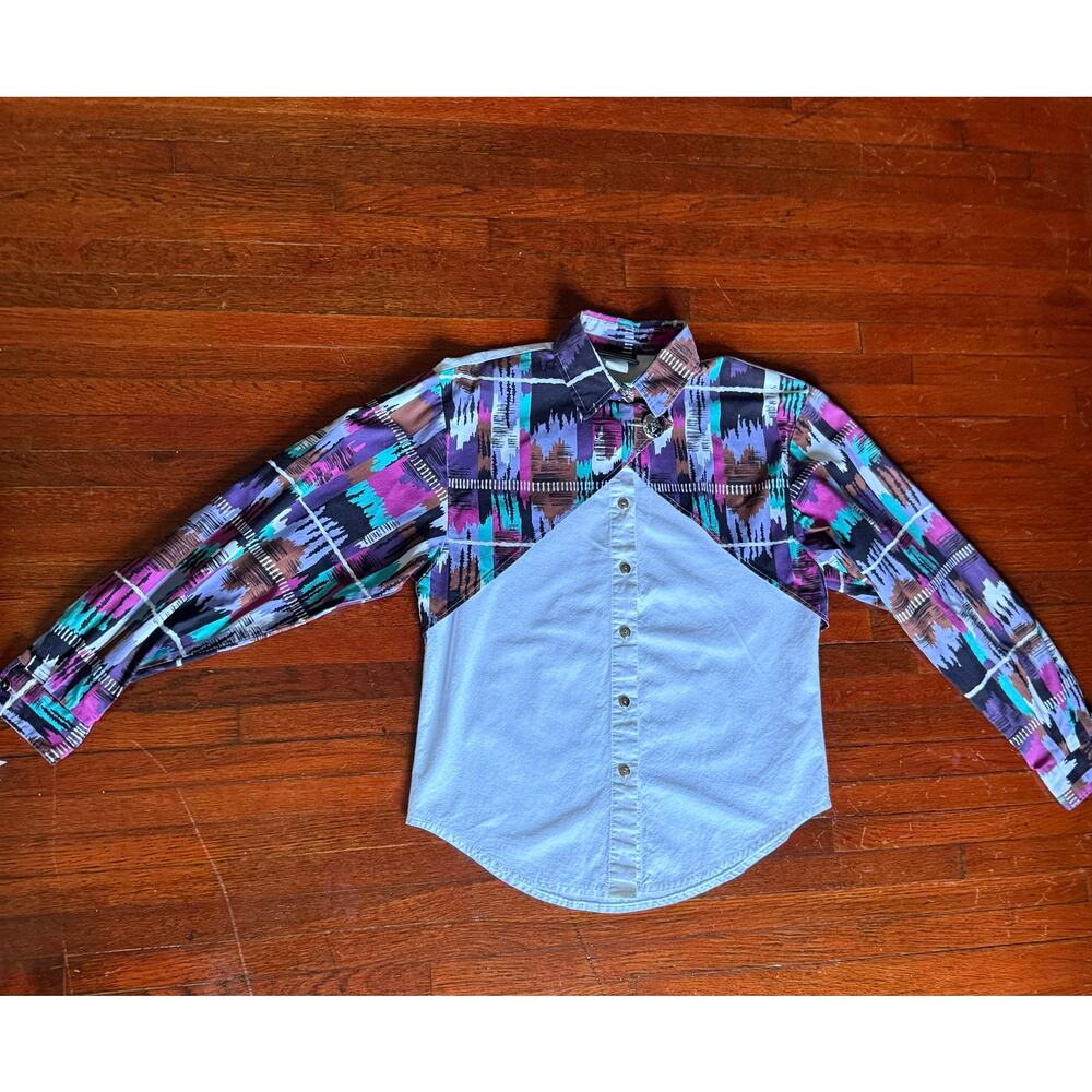 Vintage 80s Rough Rider Western Colorful white Teal Button Up Rodeo Shirt XSmall